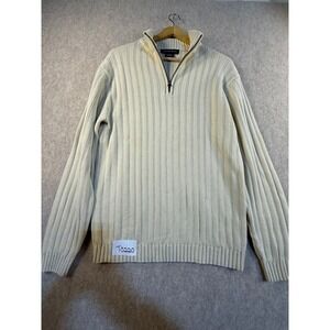 Hathaway Mens Quarter Zip Ribbed Knit Cotton Sweater Cream Off White Size Medium